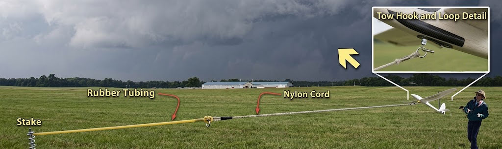 Hi-start launch setup — rubber tubing staked to ground, nylong line to sailplane