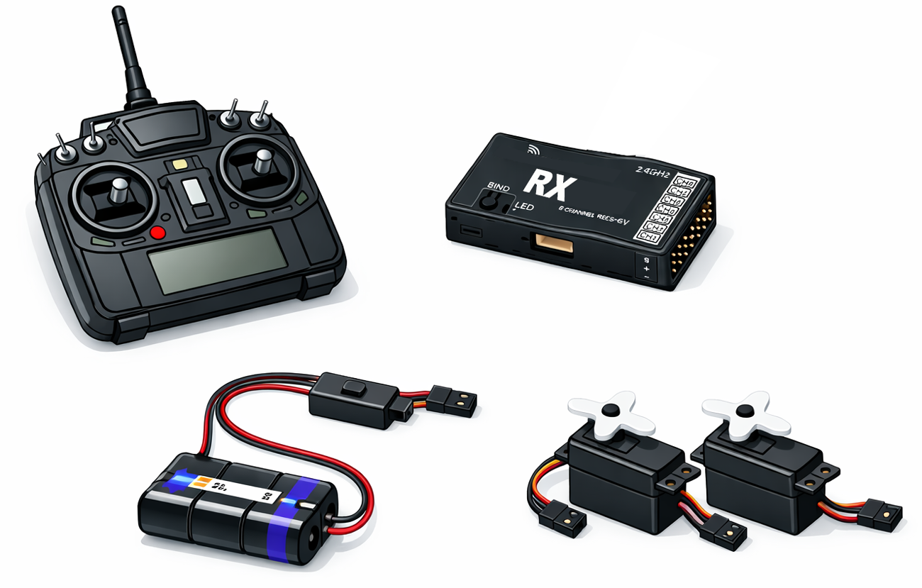 The core components of an R/C radio system: transmitter, receiver, on/off switch, Ni-MH battery pack, and two servos.